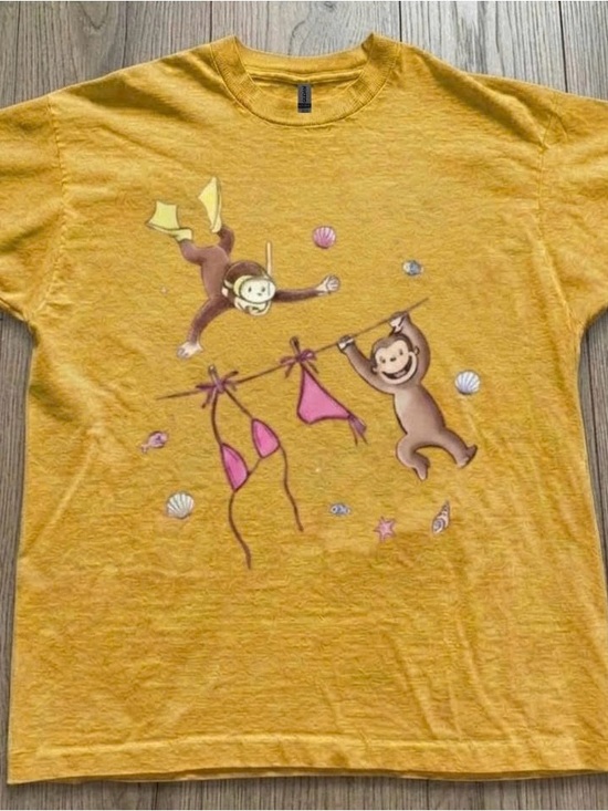 Gildan Tops - Gildan Yellow Curious George Graphic Tee with Pink Bikini Art